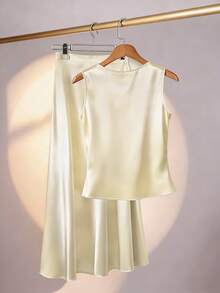 GlowEve 女士圆领串珠无袖宽松吊带背心和鱼尾裙两件套，时尚优雅 - 杏色 - 查看 2