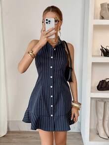 Siren Gaze Women's Striped Single-Breasted Casual Halter Mini Dress - Navy Blue - View 6