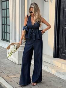 Serisse Women's Summer Casual Ruffle Hem Sleeveless Denim Tank Top And Denim Pants Set Valentine's Day Vacation Outfits Women Carnaval Summer Spring Commuting Graduation Chic Y2k Cute Streetwear Coquette Party Wedding Elegant Business Casual Woman Holiday Resort - Blue - View 5