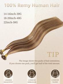 K型接发，100%真人发，#P4/27，中棕色和金色直发，长度14-22英寸，V型接发，丝滑无痕，隐形效果，顶级品质，发尾浓密，健康真人发，50片/包，热熔接发，持久耐用，适合发量稀少的女性，沙龙级使用。 - SP4/27 - 查看 3