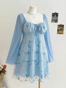 Soleia Plus Size Embroidered Blue Long Sleeve Mini Dress - Baby Blue - View 3