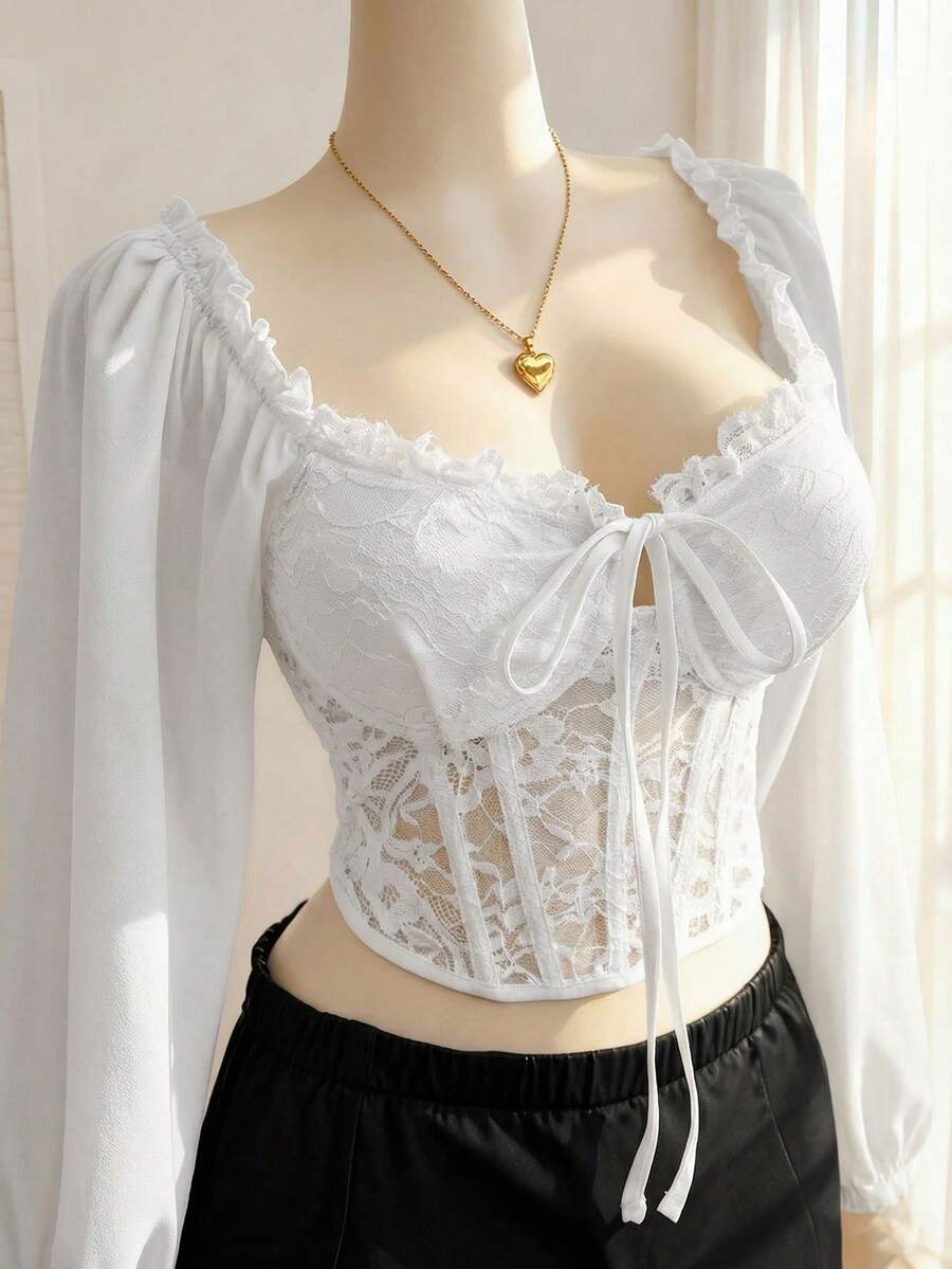 Comfortcana 大码女式灯笼袖蕾丝拼接方领垫肩衬衫，浪漫约会派对必备，白色，秋冬款 - 白色 - 查看 1