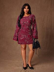 Rustia 时尚亮片露背喇叭袖短款连衣裙（女款） - 酒紅色 - 查看 7