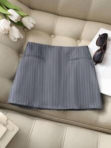 Franclia 新款夏季灰色竖条纹低腰超短A字迷你裙，带衬里。女士夏季度假装。 - 彩色 - 查看 3