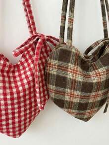 Joivida 1 件装可爱爱心图案多功能帆布格子包女韩版大容量斜挎包学生上学上课休闲日常使用艺术感十足的单肩包必备潮流时尚配饰 - 彩色 - 查看 11