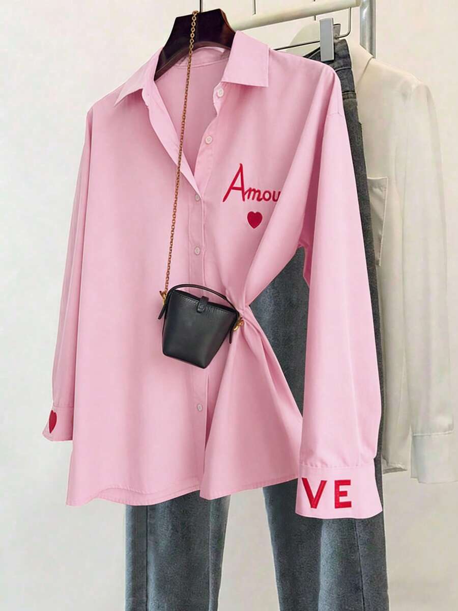 Franclia 经典条纹长袖衬衫，精致刺绣图案，宽松舒适版型 - 粉色 - 查看 1