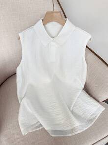 GlowEve Women's Fashionable Casual Elegant Sleeveless Shirt With Collar, Fabric Patchwork, Spring/Summer - White - View 4
