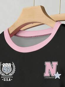 少女黑粉撞色数码印花收腰T恤，休闲百搭上衣 - 彩色 - 查看 4