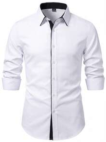 Manfinity Bizformal Áo sơ mi nam dài tay cài cúc phía trước phối màu tương phản, kiểu dáng thường ngày, thích hợp cho công sở và mùa thu. - trắng - Xem 3