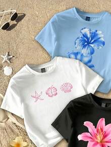 Attitoon 3件套休闲简约“轻松度假”热带芙蓉、鸡蛋花、海星、珍珠贝壳海滨图案圆领短袖修身短款女式T恤，适合夏季度假 - 彩色 - 查看 3