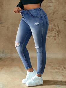 Truni Plus Size Women Casual Distressed Slim Fit Jeans, For Pear & Triangle Body Shape - Blue - View 8