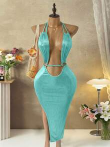 Mistrie 女士纯色露背性感连衣裙 - 薄荷藍 - 查看 7