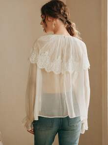 Anewsta Women's Lace Collar Sheer Mesh Flare Sleeve Long Sleeve Blouse - Apricot - View 2