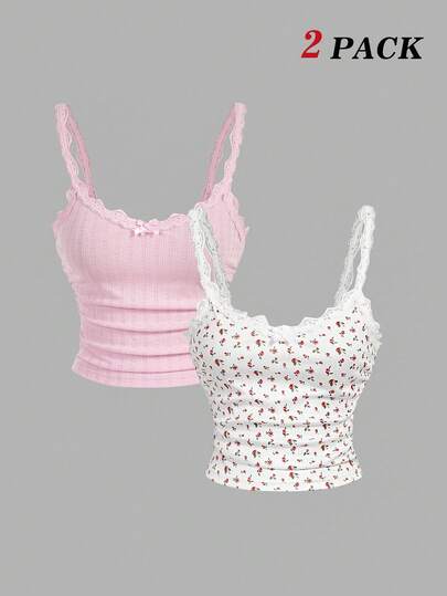 SHEIN MOD 2pcs/Set Cute Pink Vest With Pleated Lace Patchwork Bow,Going Out Top,Country Outfits,Beach Vacation Wear,Tea Party ,Cute Tops,Valentine's Day,Pink Top ,Spring/Summer Outfits, Casual Tops,Beach Outfits,Spring/Summer Outfit Women, Party Top, Lace Top, Valentine Outfits For Women, Chic, Birthday Wear, Tank Top,