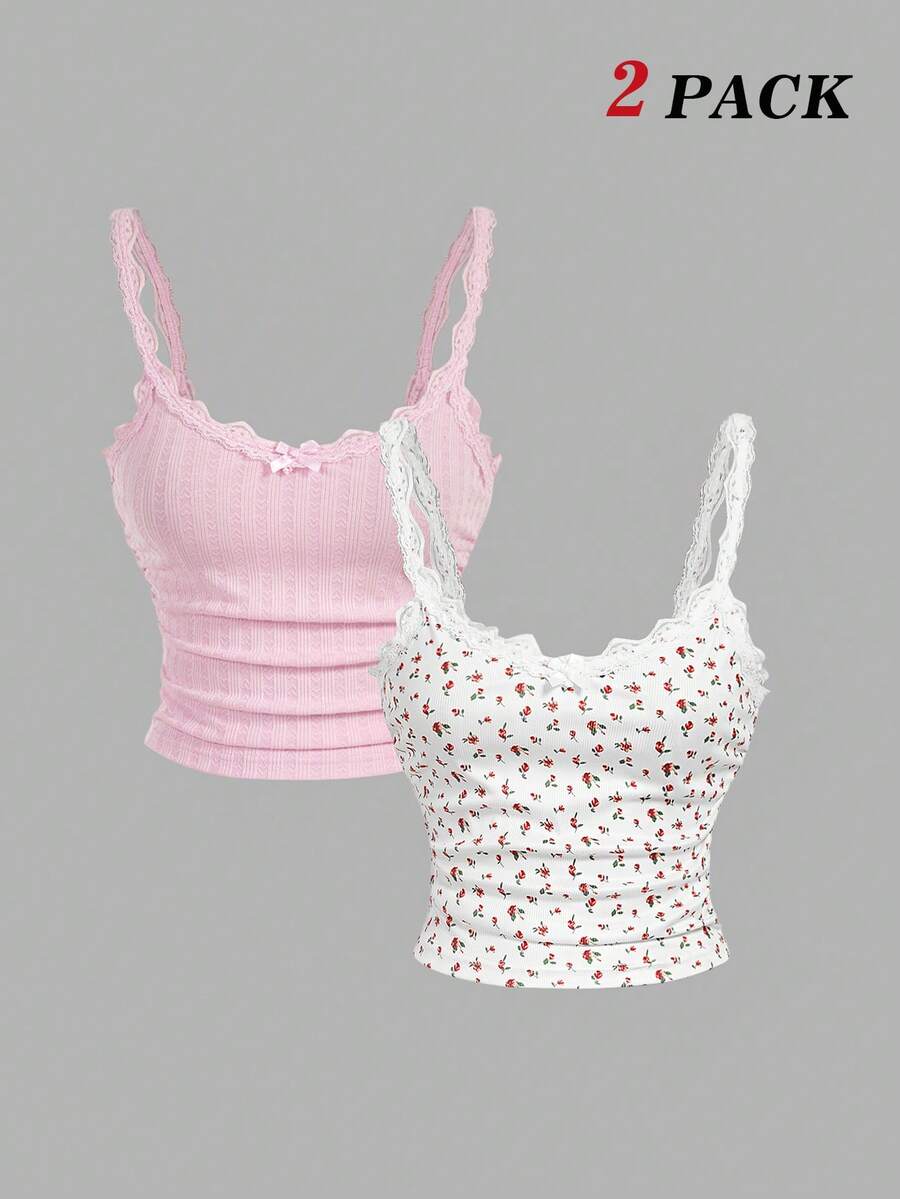 SHEIN MOD 两件套可爱粉色褶皱吊带背心，蕾丝拼接蝴蝶结，外出上衣，乡村风，海滩度假装，下午茶派对，可爱上衣，情人节，粉色上衣，春夏，休闲上衣，海滩，春夏派对上衣，蕾丝上衣，情人节，时尚，生日装 - 彩色 - 查看 1