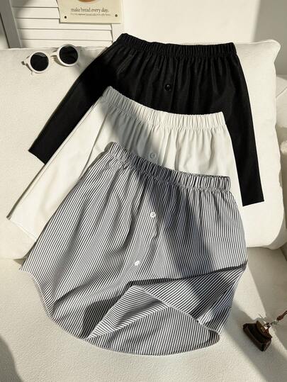 SHEIN 三件套女童半身裙，腰带可调节，裙摆弧形设计。有黑白条纹三种颜色可选。适合夏季日常穿着。