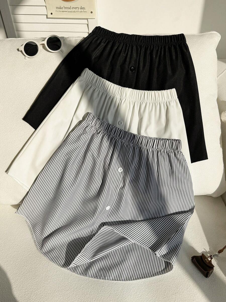 SHEIN 三件套女童半身裙,腰带可调节,裙摆弧形设计。有黑白条纹三种颜色可选。适合夏季日常穿着。 - 黑與白 - 查看 1