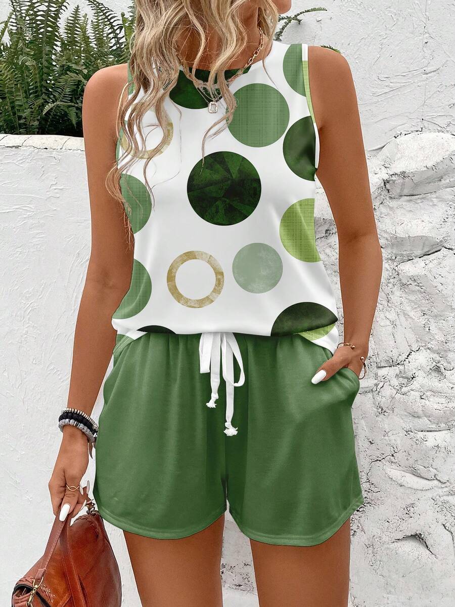 EMERY ROSE Plus Size Summer Casual Polka Dot Print Tank Top And Shorts 2 Pieces Set Carnival - Multicolor - View 1