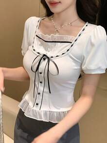 FRIFUL Áo thun ngắn tay cổ tròn ren bèo nhún, thắt nơ ở ngực, eo ôm sát, viền lưới trang trí, dành cho nữ, thích hợp mặc mùa hè. - trắng - Xem 4