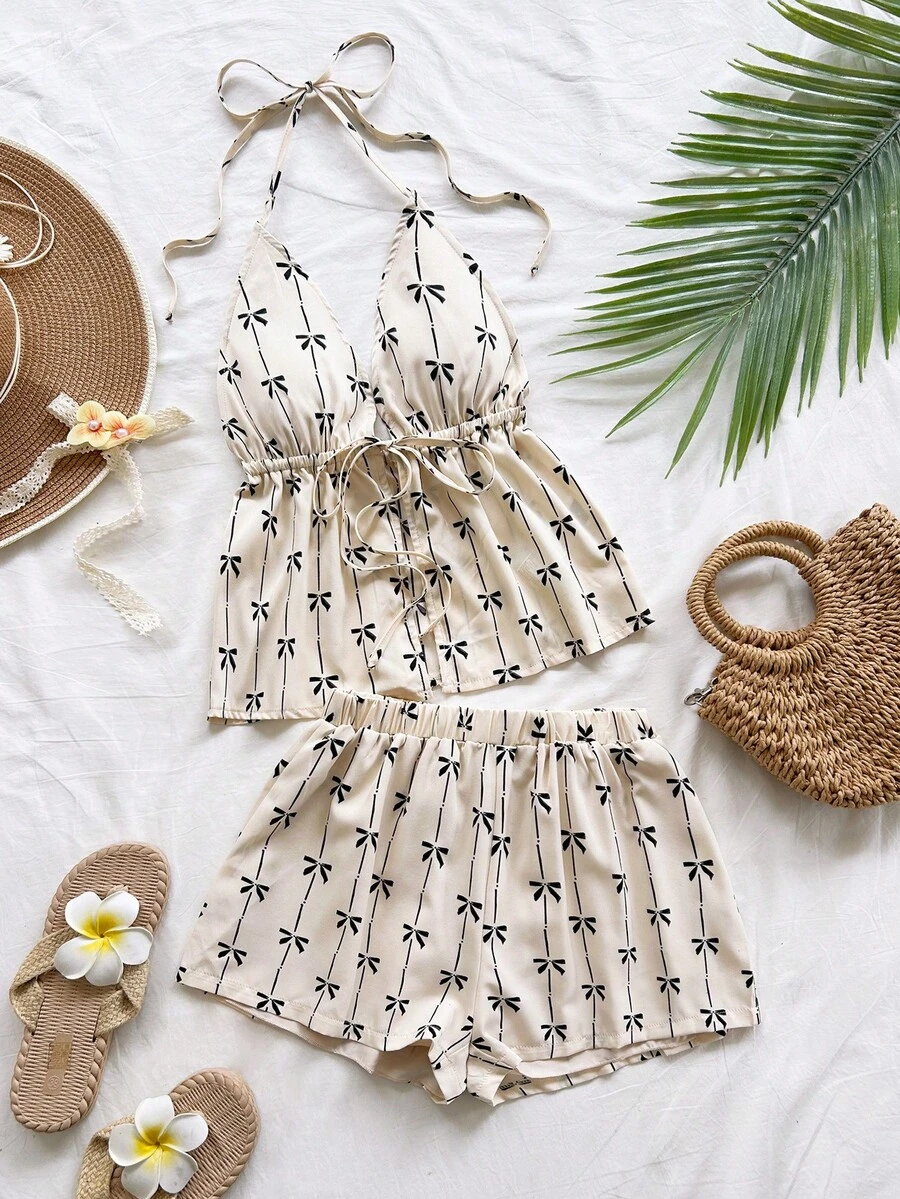 Soleia Bộ đồ thời trang nghỉ dưỡng dành cho nữ, cổ chữ V, buộc dây cổ, họa tiết da báo cổ điển, gồm áo hai dây gợi cảm và quần short siêu ngắn, thích hợp cho hẹn hò, tiệc tùng, dạo phố và kỳ nghỉ. - Nhiều màu - Xem 1