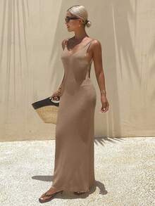 Livesso Women's Summer V-Neck Sleeveless Waist Cinched Knit Dress Spring - Khaki - View 1