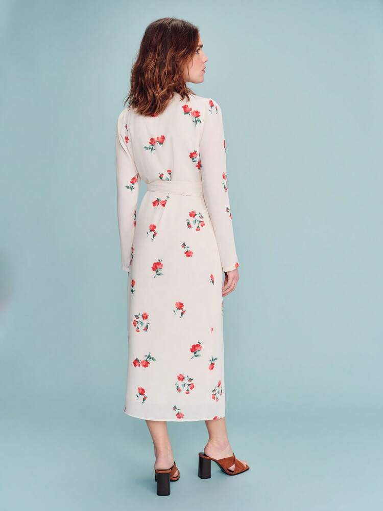 Butter Yellow Maxi Woven Wrap Dress With Red Floral Print Pattern Vintage Elegant Spring Summer French Style Parisian Style Wrap Dress Women Long Floral Dress Women Long Sleeve Dresses Woman Flower Dress Woman