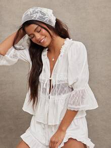 WESTFADE Lace Trim Crepe Puff Sleeve Ruffle V Neck Button Front Tie Bed Jacket Top - White - View 3