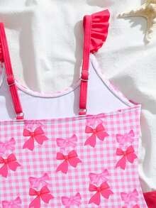 SHEIN 2件套女童可爱蝴蝶结荷叶边弹力速干舒适针织面料连体泳衣（小号），适合海滩、泳池、海边、冲浪、度假、夏季、旅行 - 粉色 - 查看 4