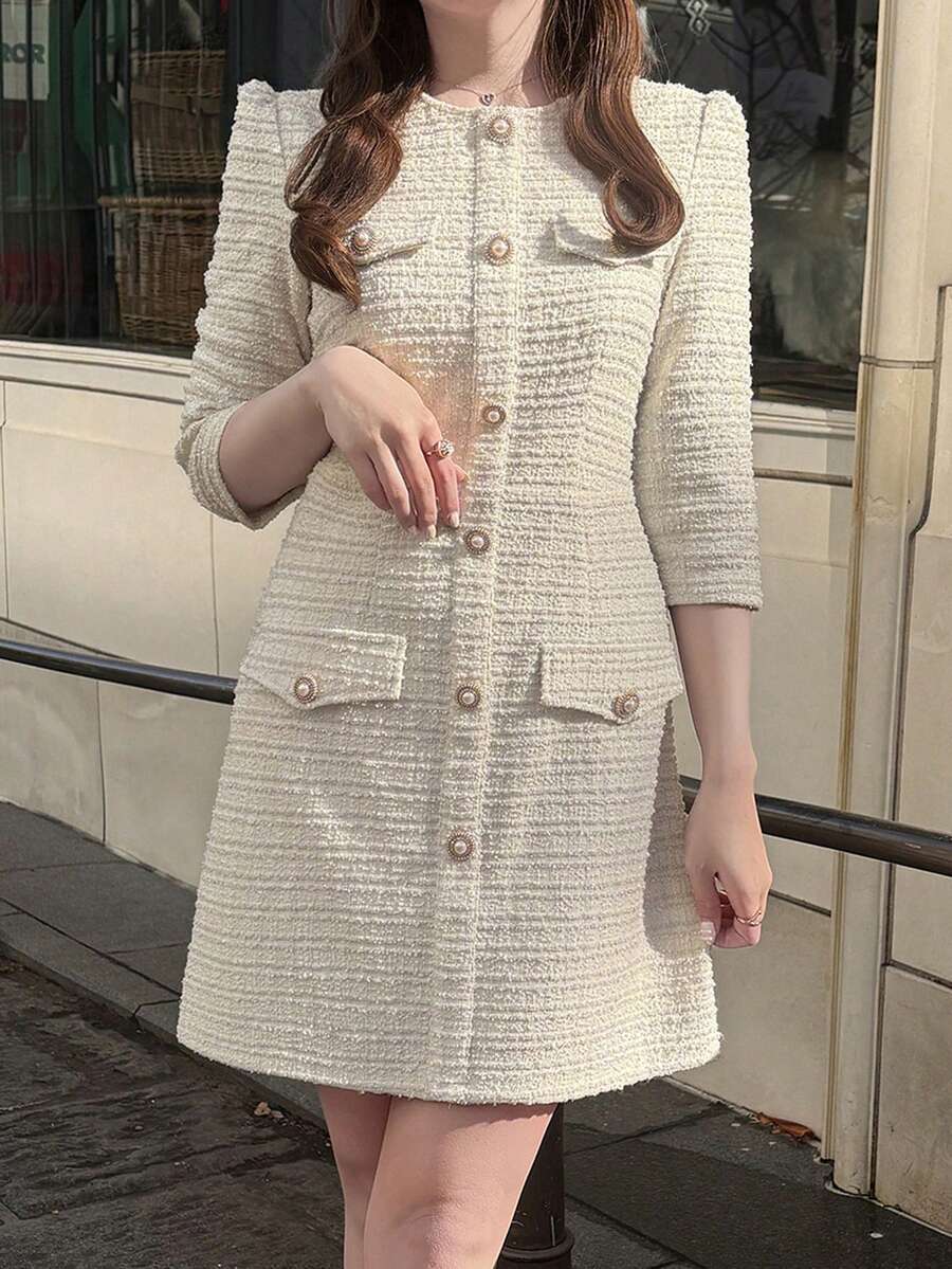 FRIFUL 女士圆领纽扣设计七分袖优雅情人节派对连衣裙 - 米色 - 查看 1