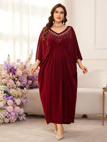 Al Najma 优雅V领蝙蝠袖连衣裙，春夏款 - 酒紅色 - 查看 7