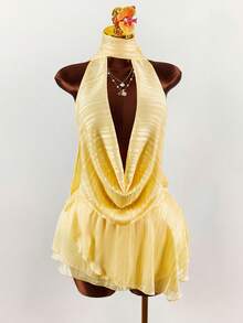 Amplova Vestido con cuello drapeado exagerado, lazo de cinta y drapeado fruncido - amarillo ganso - Ver 10