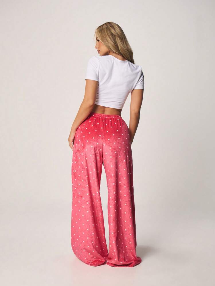 MISSGUIDED Women Two Piece Lounge Set Heart Print Tee Crop Top With Wide Leg Palazzo Pants Valentine Sleepwear Pajama Set