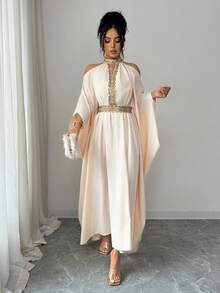 SHEIN Elenzya Áo choàng ôm eo màu vàng ánh kim thanh lịch, hở vai, thích hợp cho các buổi đi chơi, hẹn hò, tiệc mùa hè và các dịp trang trọng. - Màu be - Xem 6