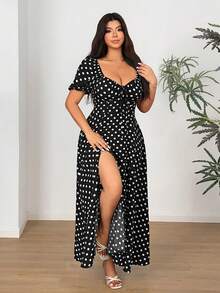 Sunnyshic Abito sexy con spacco alto e stampa a pois per donne taglie forti - nero - Visualizzare 2