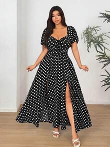 Sunnyshic Abito sexy con spacco alto e stampa a pois per donne taglie forti - nero - Visualizzare 4