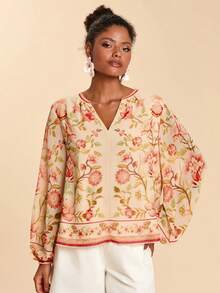 Travachic Floral Print Cutout Neck Casual Vacation Long Sleeve Shirt - Multicolor - View 1