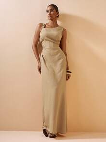 Zivah 2026春夏新款音乐节、复活节、圣帕特里克节、情人节、约会、西部风、游牧风、生日派对、毕业典礼、大学、学生、日常穿着、百搭基础款、休闲、度假、邮轮旅行、海滩、日光浴、爆款、街头风、婚礼宾客波西米亚风、通勤、早午餐、机场、派对、假日郊游、办公室穿着无袖不对称领口收腰A字型长裙,杏色亚麻面料 - 杏色 - 查看 7