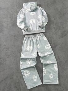 Coolqubz 两件套印花连帽卫衣和直筒裤运动套装，适合青少年男孩，男女皆宜的街头风格