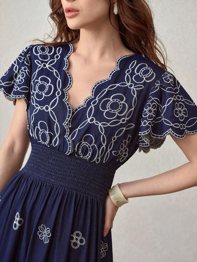 WOMEN'S FLORAL EMBROIDERY CONTRAST LACE LONG DRESS