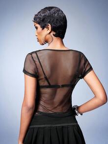 Y2Kool Casual Sexy Urban Chic Icon Minimalist Y2K Stylish Women Mesh Lace-Up Crop Top, Suitable For Vacation, Date, New Year Party, Wedding, Valentine's Day, Work, Spring/Summer, For Women.Going Out,Sexy, Elegant,Civil Wedding,Wedding Guest, Music Festival, Musician, Night Club - Black - View 2