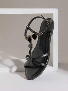 SHUZIA Women's Minimalist Comfortable, Durable, Stone Chain Strap Flat Sandals - Black - View 1