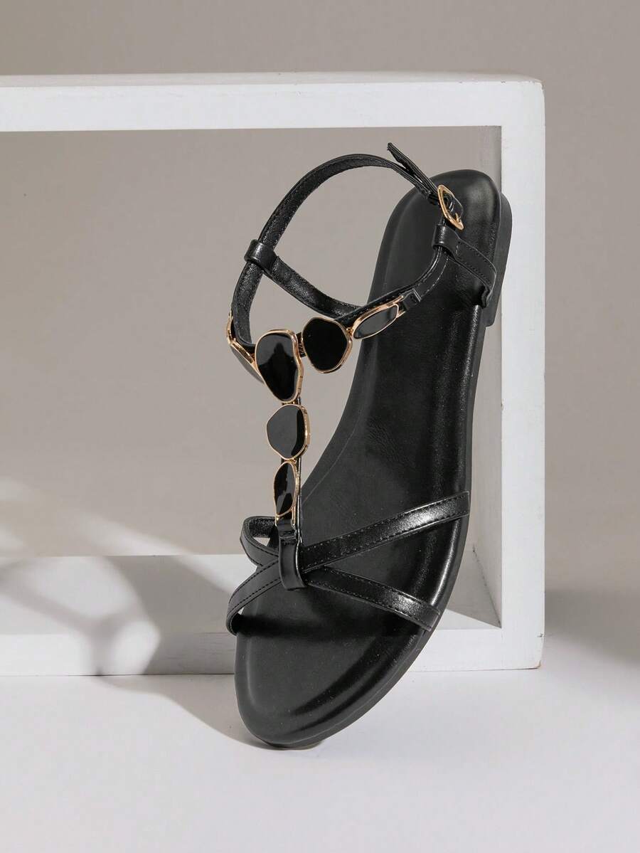 SHUZIA Women's Minimalist Comfortable, Durable, Stone Chain Strap Flat Sandals - Black - View 1