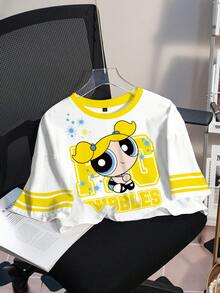 THE POWERPUFF GIRLS X SHEIN 女士休闲可爱卡通字母印花宽松短款T恤，时尚百搭，适合日常通勤和夏季穿着 - 白色 - 查看 8