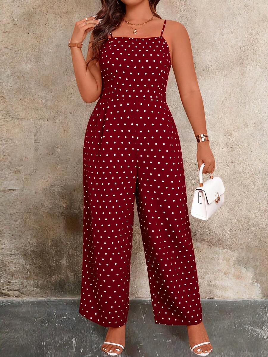 SHEIN Clasi 大码夏季时尚波点印花吊带连体裤 - 酒紅色 - 查看 1