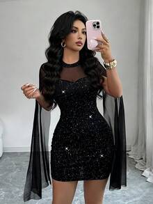 Elenzga 女士立领披肩式网纱闪亮夜店派对迷你连衣裙，修身连衣裙，适合约会、派对、生日、感恩节、音乐节、毕业典礼、假期、春夏穿着 - 黑色 - 查看 1