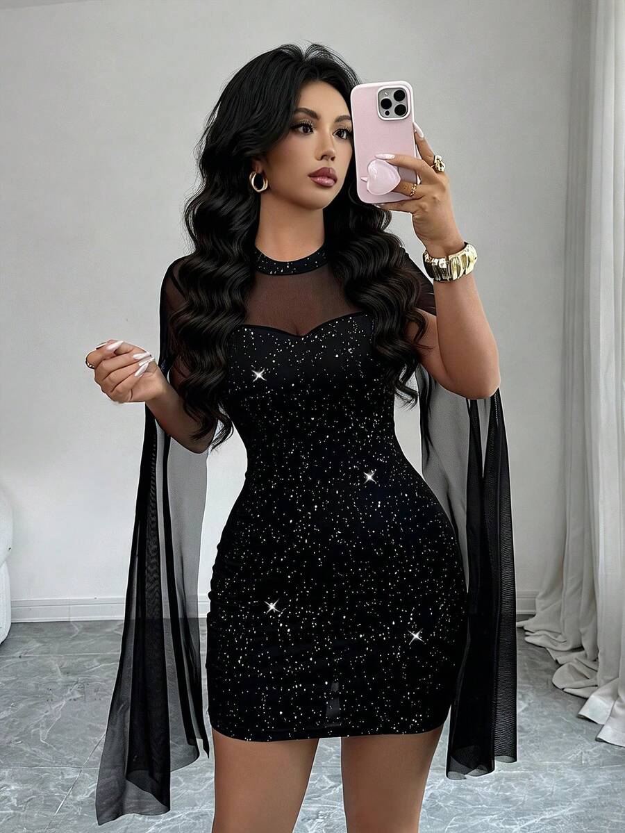 Elenzga 女士立领披肩式网纱闪亮夜店派对迷你连衣裙，修身连衣裙，适合约会、派对、生日、感恩节、音乐节、毕业典礼、假期、春夏穿着 - 黑色 - 查看 1