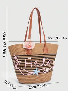 ROMWE Fairycore 1 Chiếc Túi Xách Nữ Chủ Đề Ngày Lễ, Trang Trí Vỏ Sò, Ốc Xoài, San Hô, Ngọc Trai, Túi Đi Biển Bằng Rơm Hoa Văn Dung Tích Lớn, Trang Trí Chữ "Hello" Bằng Rơm, Thích Hợp Cho Túi Du Lịch/Đi chơi Mùa Xuân/Hè. - Nhiều màu 2 - Xem 2