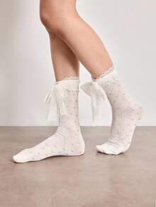 ROMWE Kawaii Kaos Kaki Setengah Betis Wanita dengan Hiasan Pita - A6 putih pudar - View 1