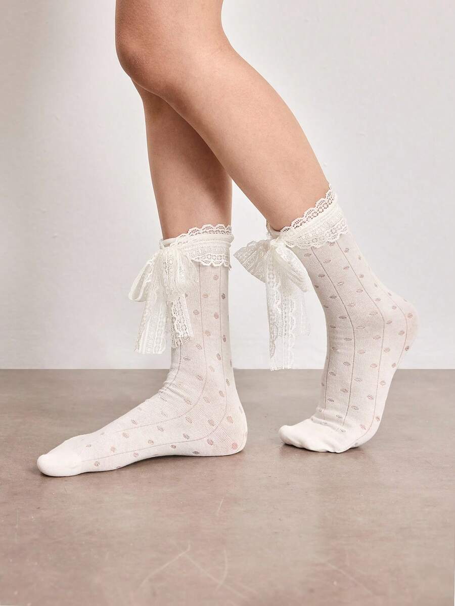 ROMWE Kawaii Kaos Kaki Setengah Betis Wanita dengan Hiasan Pita - A6 putih pudar - View 1