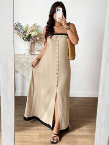 Elenzga Plus Size Faux Linen Texture Colorblock Sleeveless Open Front Wood Button Decor Maxi Dress, Elegant For Outing, Date, Party, Vacation - Khaki - View 6